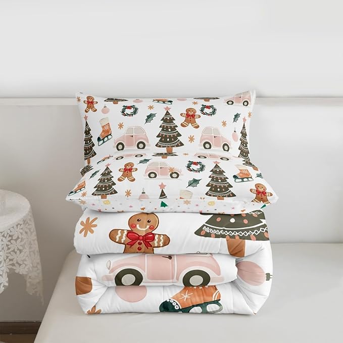 Feelyou Xmas Tree Car Comforter Set All Season Gingerbread Man Bedding Set with 2 Pillow Cases Garland Microfiber Kids King Bedclothes Bedroom Decor Duvet Quilt Breathable Soft