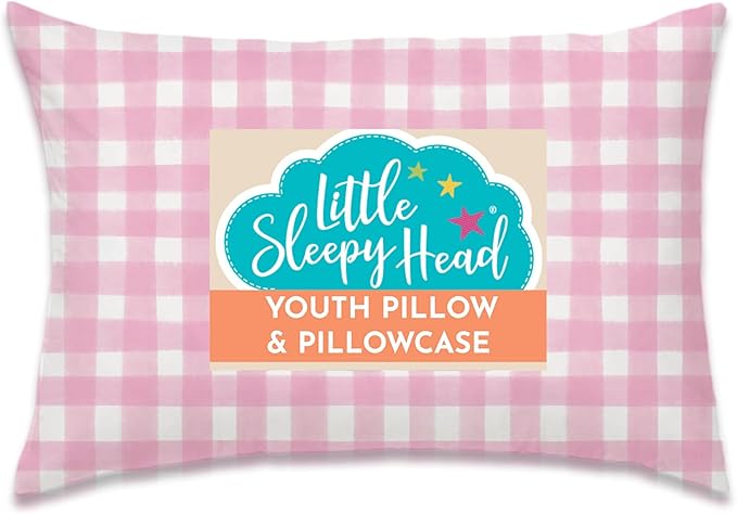 Little Sleepy Head Youth Pillow & Case 16x22 - Soft Jumbo Toddler Pillow, Hypoallergenic & Perfect Kids Travel Pillow (Gingham Pink)