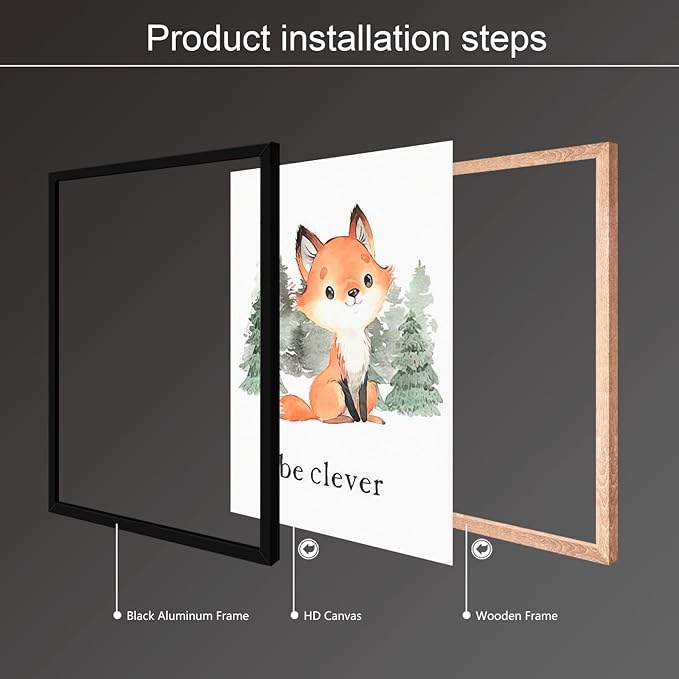 gooptyinh Framed Woodland Nursery Animal Canvas Wall Art, 6 Piece Inspirational Forest Animals Print Posters, Motivational Quotes Cute Bear Fox Rabbit Deer Raccoon Owl Decor for Baby Bedroom 12x16in
