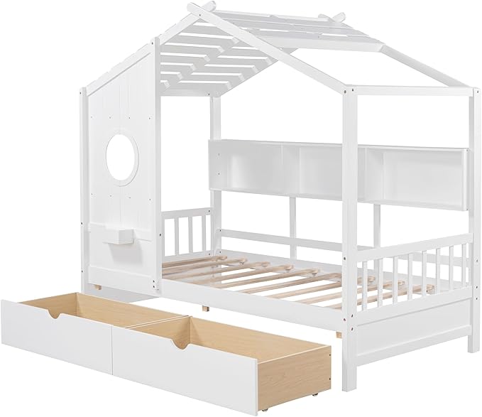 Harper & Bright Designs Twin Size Modern House Bed with Roof, Wooden Twin Size House Bed with 2 Drawers and Storage Shelf, White