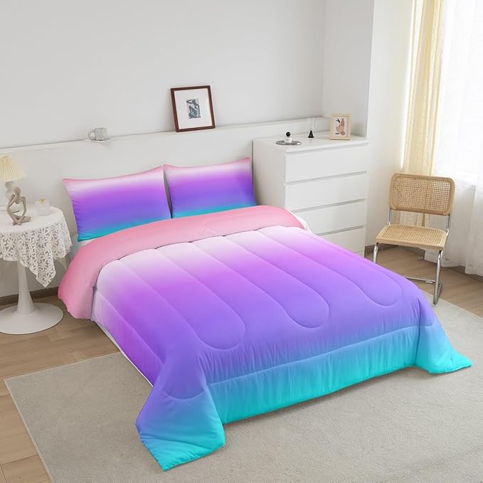 Feelyou Pink Purple Blue Comforter King Size, Rainbow Ombre Bedding Set Kids Toddler Colorful Gradient Comforter Set for Boys Girls Colorful Duvet Set Durable Bed Set 3Pcs