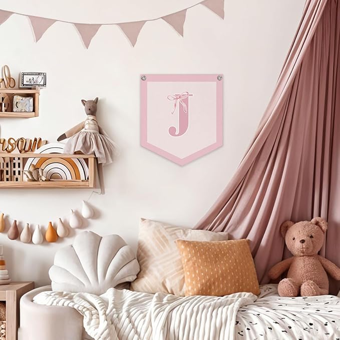 Lacama Initial Personalized Preppy Banner, Baby Shower Decor Girl Nursery Decor, Coquette Pink Bow Teen Girl Gifts, Vintage Room Toddler Room Bedroom Playroom Front Door Birthday Gift(J)