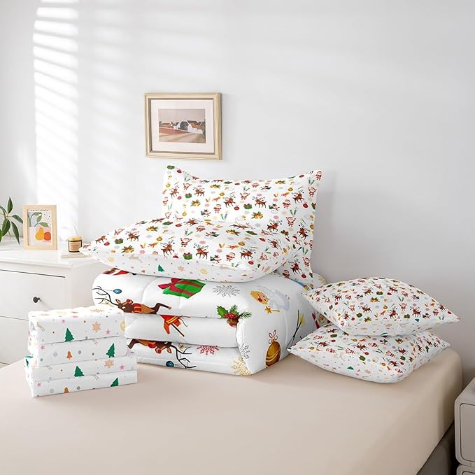 Feelyou Christmas Kids Bed Set Cute Snowman Santa Claus Bed in a Bag Boys Girls Cute Reindeer Comforter Set with Sheets Christmas Bells Cartoon Design Bedding Set Bedroom Collection Queen Size