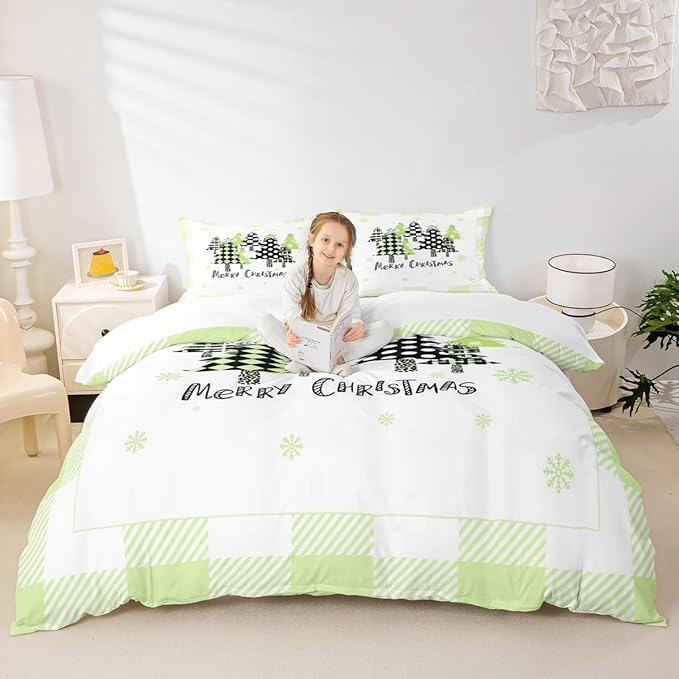 Manfei Xmas Trees Duvet Cover Set Queen Size, Green Plaid Grid Snowflake Bedding Set for Kids Girls Bedroom Decor, Christmas Theme Comforter Cover New Year Quilt Cover with 2 Pillowcases, No Comforter