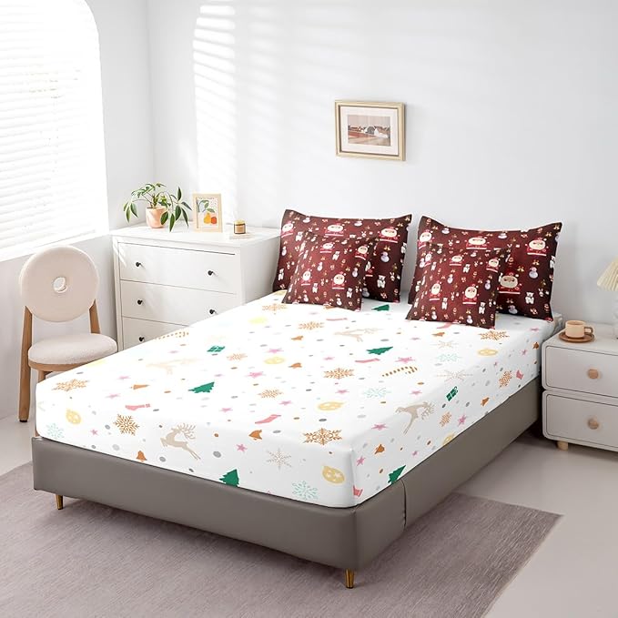 Christmas Kids Bed Set Cute Snowman Santa Claus Decorations Bed in a Bag Boys Girls Bear Rabbit Comforter Set with Sheets Christmas Bells Cartoon Design Bedding Set Bedroom Collection King Size