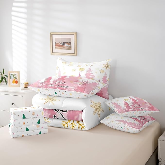Feelyou Christmas Tree Bed Set for Children Kids Boys Girls Luxury Chic Xmas Theme Bed in a Bag Glitter Snowflake Comforter Set with Sheets Pink Room Decor Bedding Set King Size