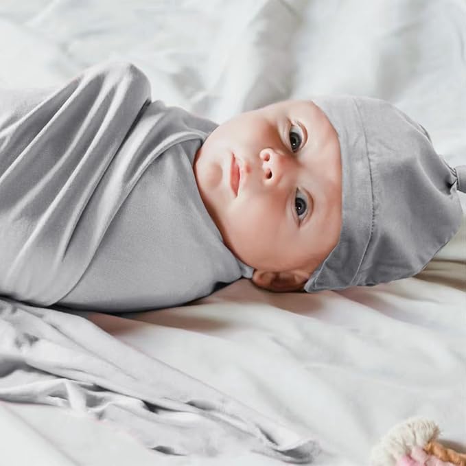 Newborn Swaddle Blanket with Hat Set Baby Swaddle Set Hospital Receiving Blankets for Girls Boys(Slate)