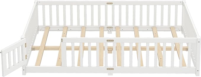 Harper & Bright Designs Queen Floor Bed Frame with Safety High Fence, Wood Montessori Beds with Door, Floor Bed Queen with Solid Wood Support Slats for Boys, Girls, Kids, White