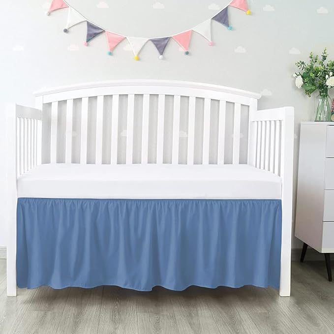 100% Egyptian Cotton, Nursery Crib Toddler (28" x 52" + 16") 800 Thread Count Crib Skirt Dust Ruffle, Bedding Skirts for Baby Boys or Girls, 16" Drop, Medium Blue Solid