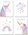 Watercolor Unicorn Nursery Wall Art Girls Room Decor Inspirational Rainbow Flower prints Baby Girls Room Poster Colorful Picture Cute Paintings for Kids Room Lovely Gift (8x10 inch，Set of 4，Unframed)