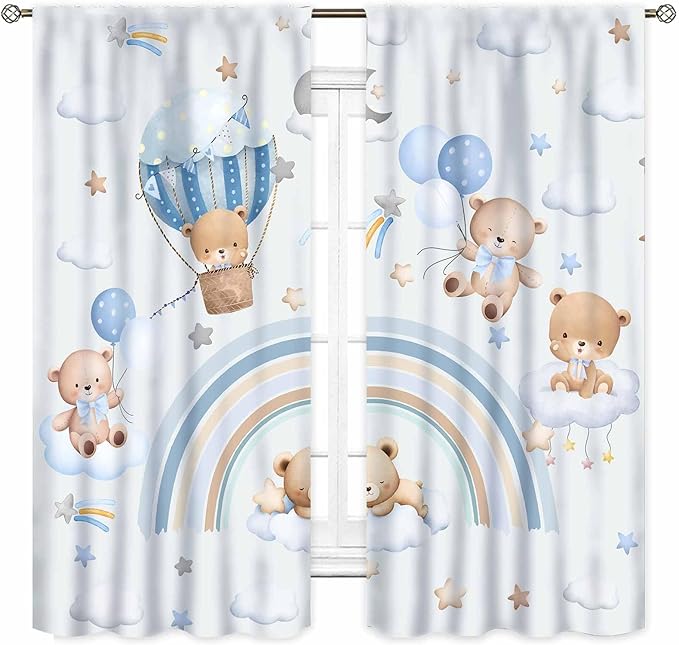 Bear Curtains for Kids Room, Baby Boys Girls Cute Lovely Bear Cloud Boho Rainbow Pastel Blue Window Drapery Treatments for Living Room Bedroom Nursey Toddler Classroom 2 Panels, 84"x63" Inch