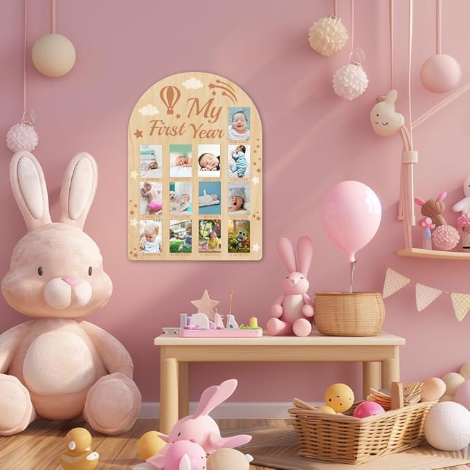 ORIGACH My First Year Baby Growth Photo Display Wood Board - 12 Months Newborn Milestones Picture Frame - Neutral Baby Keepsake Board 1st Birthday Party Nursery Decor New Mom Gift - Hot Air Balloon