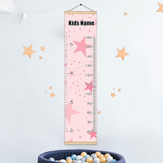 Personalized Kids Name Growth Chart Ruler for Wall Wood Frame Height Measure Chart 13.4x56 in Linen Hanging Height Growth Chart Pink Stars Kids Room Decor