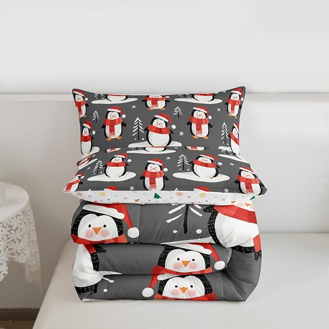 Feelyou Christmas Comforter Set All Season Penguin Bedding Set with 2 Pillow Cases Snowflake Microfiber Kids Full Bedclothes Pine Tree Bedroom Decor Duvet Quilt Breathable Soft Lightweight