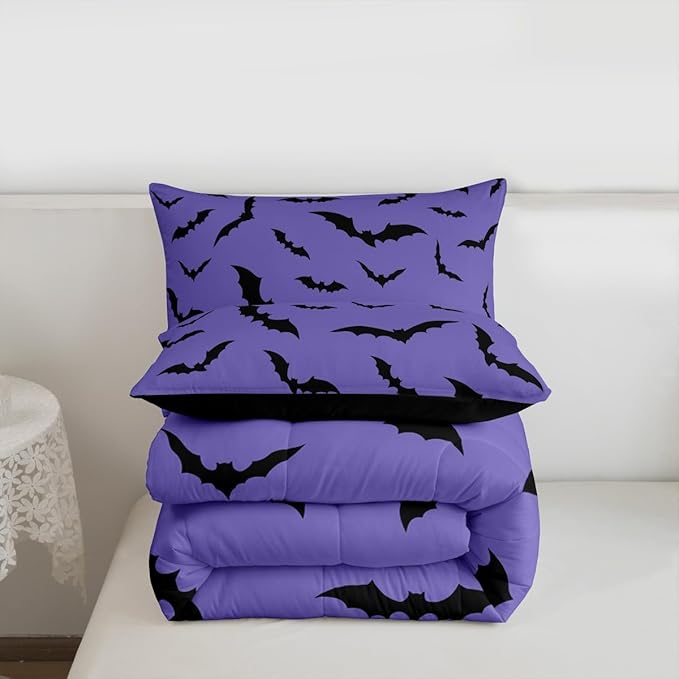 Erosebridal Purple Halloween Bedding Set Spooky Bats Comforter Set Queen,Horror Halloween Decorations Quilt for Kids Boys Girls Adults Gothic Flying Bat Silhouette Duvet Insert,Goth Bedroom Decor