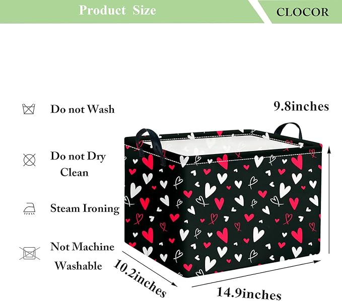 CLOCOR Rectangular Gift Basket,Collapsible Fabric Storage Container,Waterproof Storage Bin with Handles(White Heart)