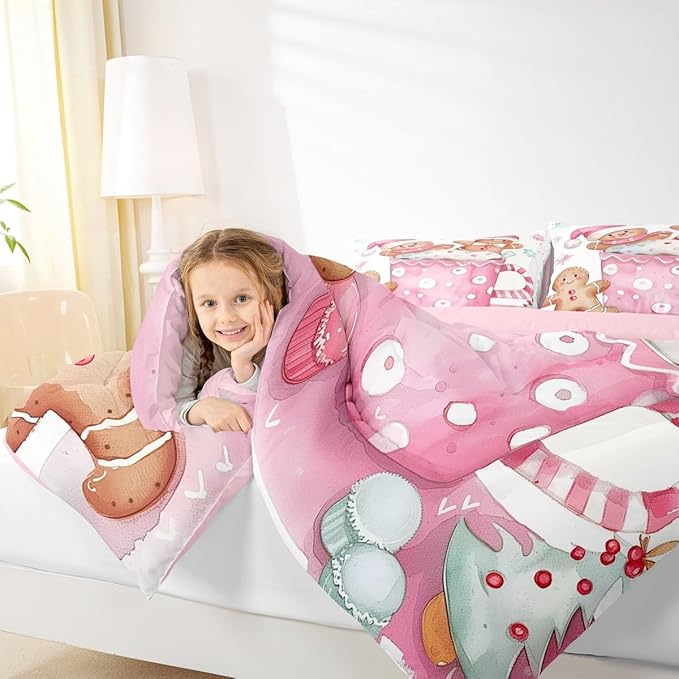 Feelyou Christmas Bedding Set Soft for Boys Girls, Pink Gingerbread Comforter Set Toddler Size Christmas Decor Duvet Quilt Microfiber Xmas Bedroom Decor 2 Pcs with 1 Pillow Cases