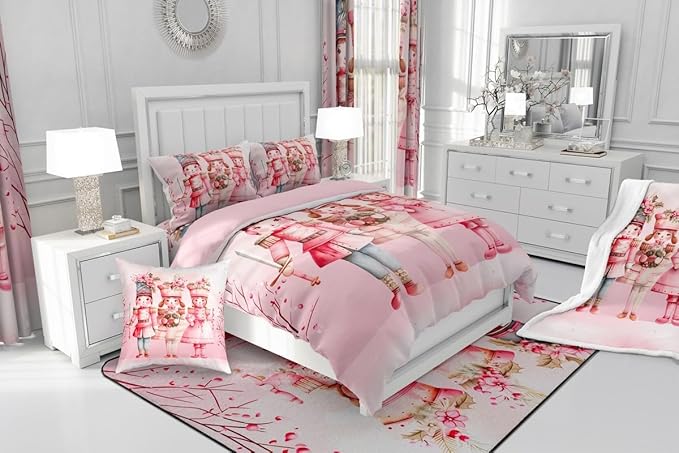 Feelyou Christmas Decor Nutcrackers Bedding Set Soft for Boys Girls, Pink Christmas Comforter Set King Size Pink Nutcrackers Duvet Quilt Berries Printed Room Decor Kawaii 3 Pcs with 2 Pillow Cases