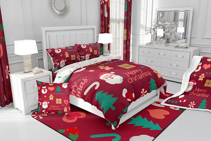 Feelyou Merry Christmas Comforter Set All Season Santa Claus Snowman Bedding Set with 2 Pillow Cases Gingerbread Man Microfiber Kids Queen Bedclothes Xmas Tree Deer Bedroom Decor Duvet Quilt Soft