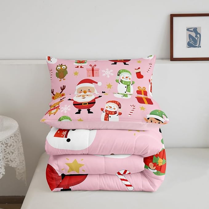 Erosebridal Merry Christmas Bedding Set for Kids Santa Claus Quilts Cute Cartoon Snowman Comforter Set Toddler Size 1 Pillow Case Xmas Snowflake Duvet Insert,Pink