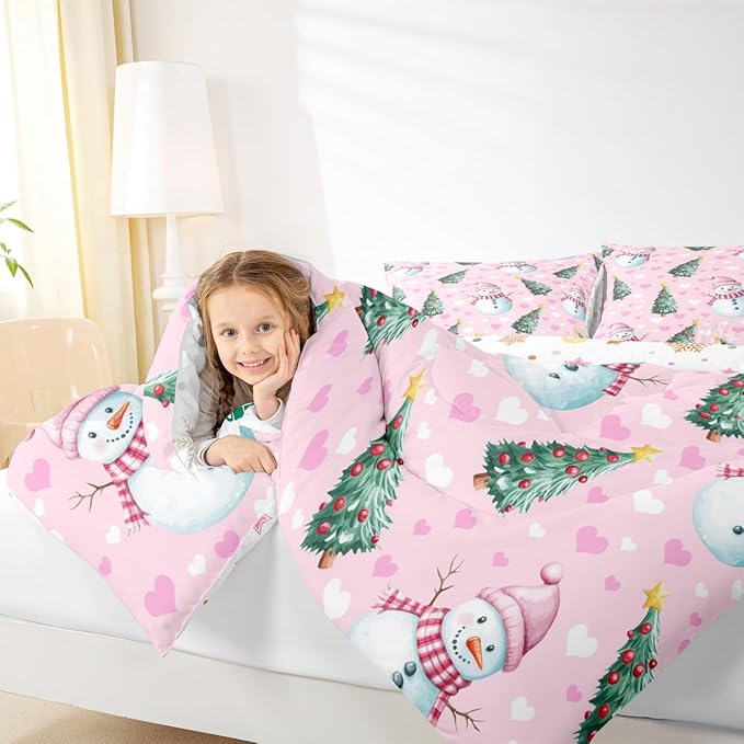 Feelyou Merry Christmas Comforter Set All Season Cute Snowman Bedding Set with 2 Pillow Cases Christmas Tree Microfiber Kids Queen Bedclothes Love Hearts Duvet Quilt Breathable Soft Lightweight