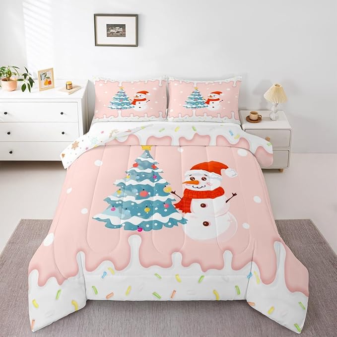 Castle Fairy Cartoon Christmas Full Size Comforter Set,Xmas Cute Snowman Pine Trees Bedding Comforters Bedroom Collection,Pink Cream Candy Girly Funny Bedding Set for Girls Teens