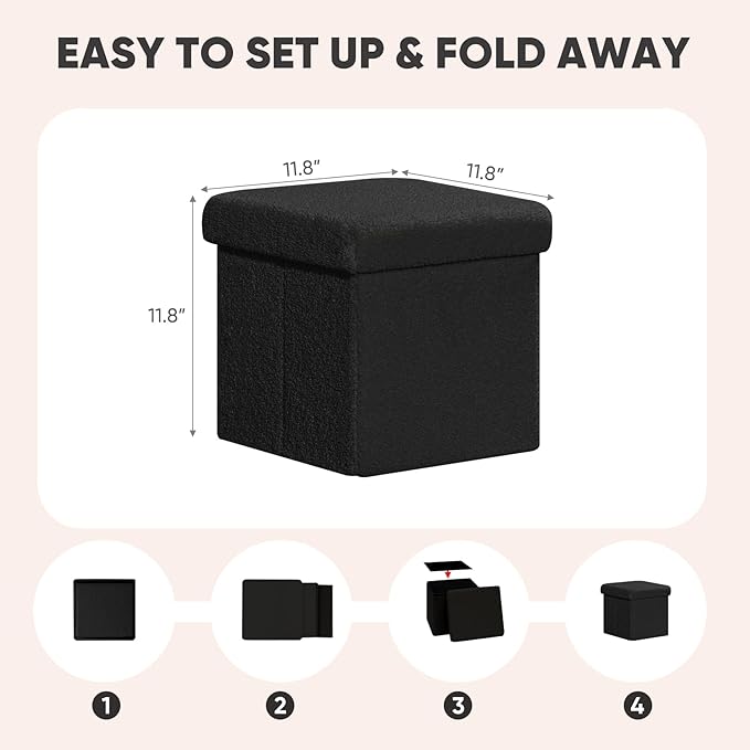 PINPLUS Storage Ottoman Cube Square Shaped Ottomans with Storage Foot Stool Footrest for Lving Room Boucle Ottoman Seat for Dorm Room,Faux Teddy Fur Black, 11.8"x11.8"x11.8"