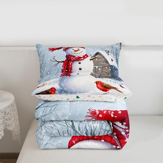 Feelyou Merry Christmas Comforter Set All Season Cute Snowman Bedding Set with 2 Pillow Cases Snowflake Microfiber Kids Full Bedclothes Winter Bedroom Decor Duvet Quilt Breathable Soft Lightweight