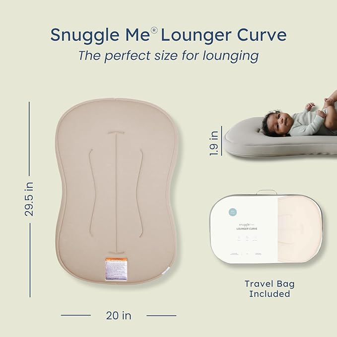 snuggle me® Baby Lounger Curve (0-6 Months) - Premium Organic Cotton with Foam Core, Machine-Washable Cover, Buttery-Soft & Breathable Infant Lounger with Travel Bag (30 in x 20 in x 1.9 in) - Birch