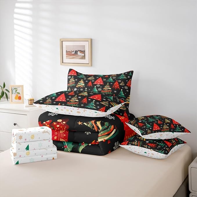 Erosebridal Black Christmas Bedding Set King Red Green Christmas Tree Comforter Set 7 Piece Xmas Forest Pine Trees Bed in A Bag for Adults Winter Xmas Snowflake Quilt with Flat Fitted Sheet
