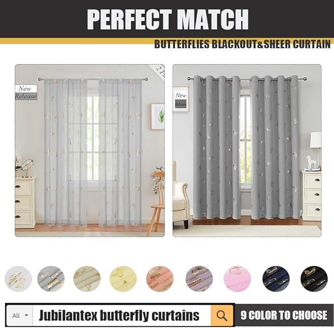 Jubilantex Grey Sheer Curtain with Gold Butterfly Pattern for Kids Room, Linen Textured Rustic Metallic Print 95 Inch Rod Pocket Window Drapes for Girls Bedroom Living Room, 2 Panels
