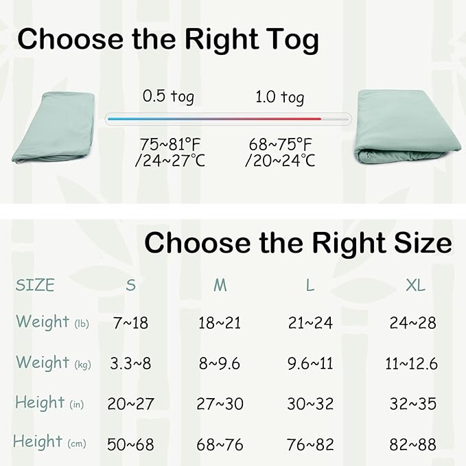 Supersoft Rayon Made from Bamboo Sleep Sack 12-18 Months 0.5 Tog Lightweight Toddler Sleep Sack Baby Wearable Blanket with 2-Way Zipper Summer Unisex Sleeping Bag for Babies (2 Pack) Green & Gray