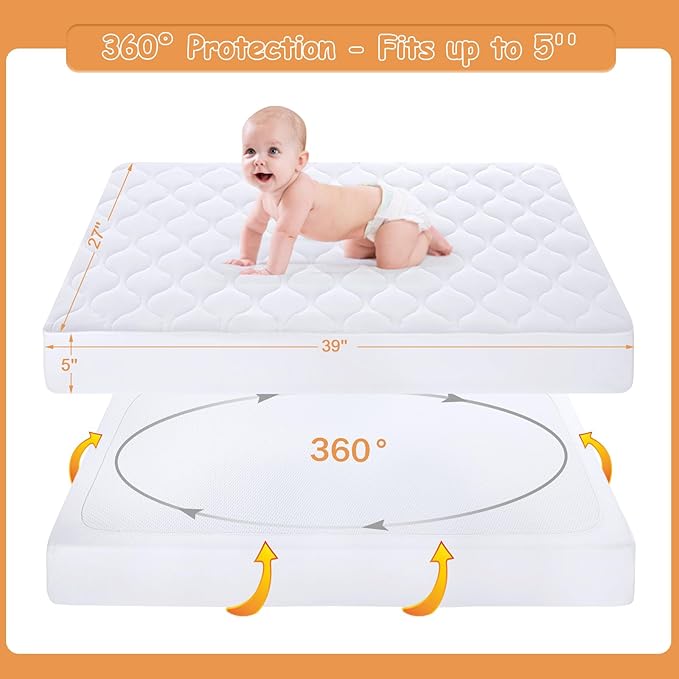 Yoofoss Waterproof Pack and Play Mattress Protector, Quilted Pack and Play Mattress Pad Cover Ultra Soft and Breathable, Playpen/Playard Mattress Sheet for Standard Pack n Play Size 39''x27''-White