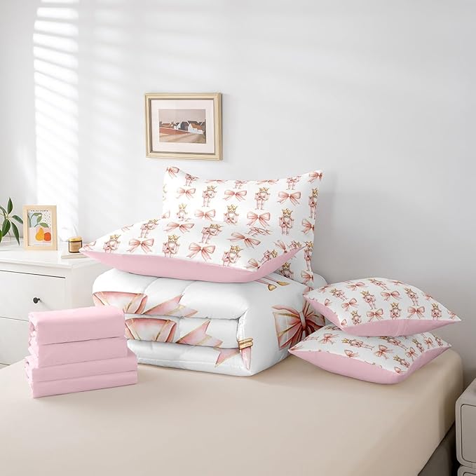 7 Pieces Cartoon Nutcracker Kids Comforter Set King,Pink Bowknot Romantic Princess Bedding Set,Ballet Merry Christmas Bow Tie Dreamy（Comforter+Fitted+Flat Sheet+2 Pillowcases+2 Throw Pillow Covers）