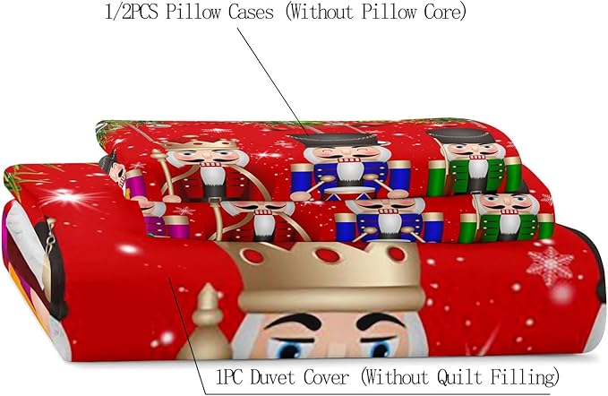 LUVIVIHOME 3PCS Christmas Nutcracker Duvet Cover King Bedding Set, Teens Boys Girls Kids Bedding, Christmas Balls Snowflake Winter Holiday Festival Xmas Gifts Red Comforter Quilt Cover, 2 Pillow Shams