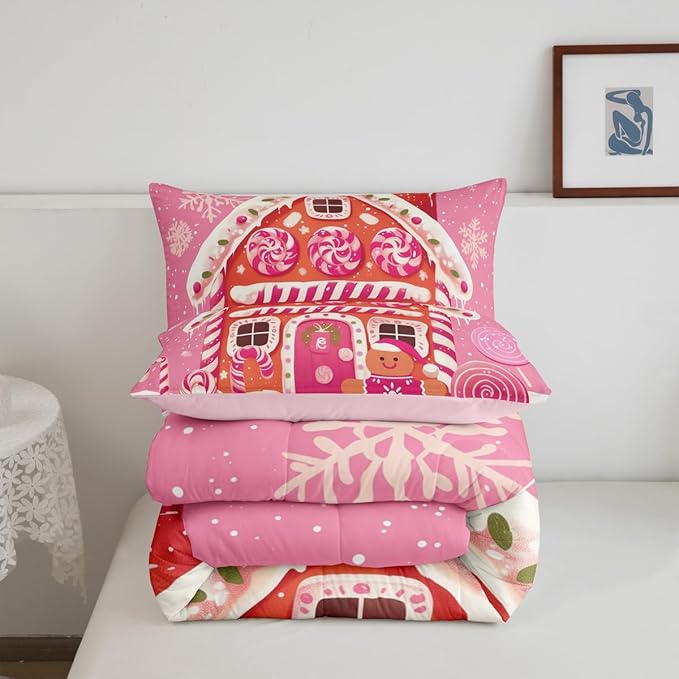 jejeloiu Kids Christmas Theme Comforter Set Full Size Xmas Gingerbread Man Candy Cane House Bedding Set for Boys Girls Teens Hot Pink Winter Happy New Year Duvet Quilt Room Decor