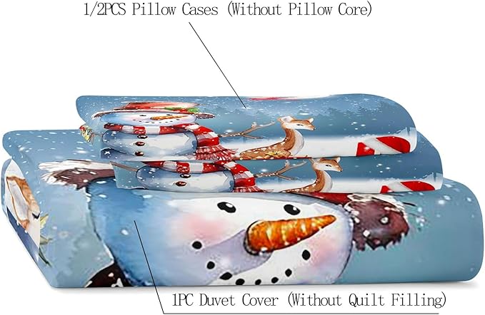 LUVIVIHOME 3PCS Cute Snowman Duvet Cover Queen Bedding, Christmas Bedding, Santa Claus Deer Cardinal Christmas Tree Winter Holiday New Year Xmas Gifts Christmas Comforter Quilt Cover, 2 Pillow Shams
