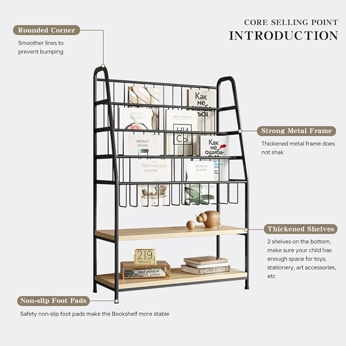 Kids Bookshelf and Toy Storage Organizer,6 Tier Childrens Bookcase,Magazine Rack Floor,Book Shelf for Kids Rooms Classroom Nursery Living Room Office (Black, L:31.5")