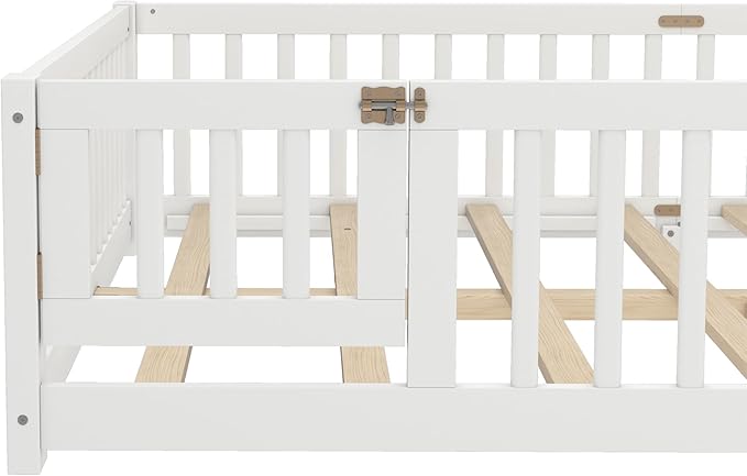 Bellemave Queen Size Floor Bed for Kids, Girls, Boys, Wood Floor Bed with slats and Door, White