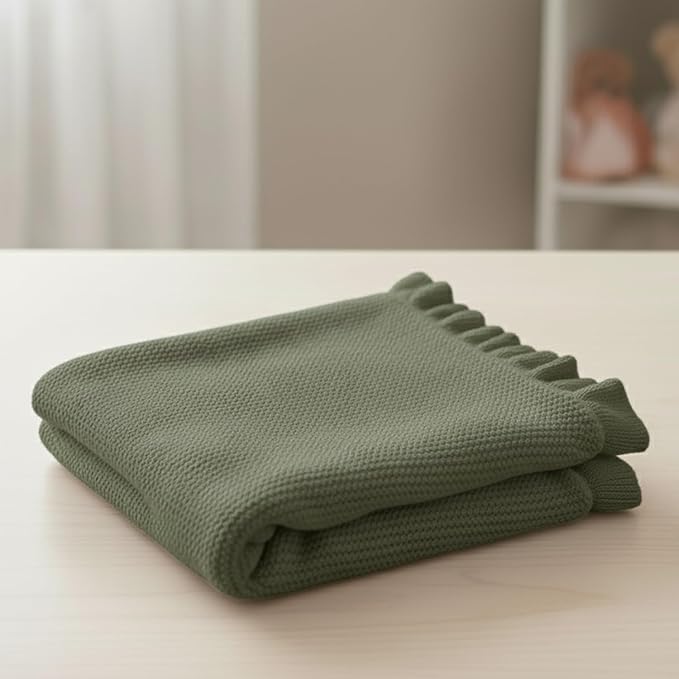 Cotton Baby Blanket with Ruffle Edge Soft Breathable Newborn Blanket for Boys & Girls, Lightweight Knit Throw for Crib, Stroller & Nursery Multiple Colors Available Green 28x36