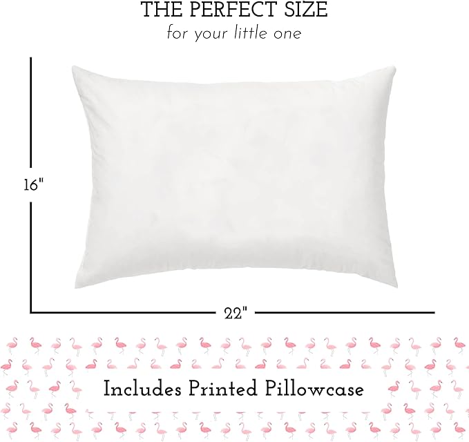 Little Sleepy Head Youth Pillow with Pillowcase 16x22, Soft Jumbo Toddler Pillow, Hypoallergenic Pillowcase - Best Kids Pillows for Sleeping, Perfect Kids Travel Pillow (Flamingo Flock)