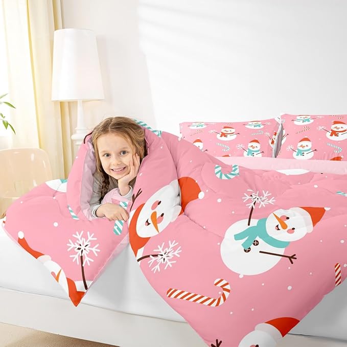 Feelyou Pink Christmas Bedding Set Soft for Boys Girls, Snowman Comforter Set Twin Size Snowflake Duvet Quilt Microfiber Candy Cane Bedroom Decor 2 Pcs with 1 Pillow Cases