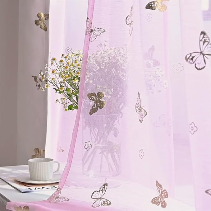 Jubilantex Pink Butterfly Sheer Curtains Gold Print Drapes for Baby Girls Nursery, Kids Bedroom 84 Inch Long Toddler Linen Textured Curtain Rod Pocket Window Treatment Sets, 2 Panels