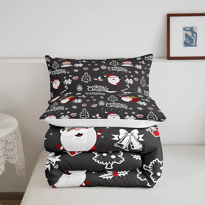 Feelyou Christmas Comforter 3 Pieces Santa Claus Comforter Set White Snowflake Christmas Printed Xmas Festival Bedding Set with 2 Pillowcases (Queen, Grey Black) Boys
