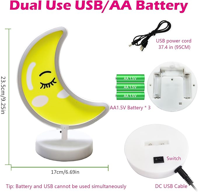 Cute Moon Shaped Neon Sign-USB/3*AA Battery Powered One-Button Nursery Lamp Safe for Babies Moon Neon Light for Babies Breastfeeding Lamp Sleep Trainer Sleep Aid Lamp for Nursery Baby Feeding Light