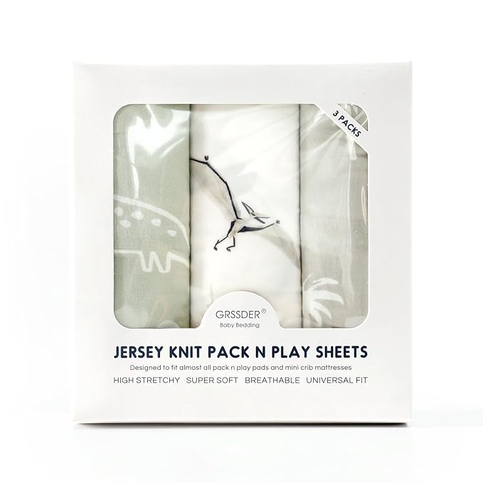 GRSSDER Pack n Play Sheets Fitted 3 Pack, Stretchy Ultra Soft Jersey Knit Pack and Play Sheets, Universal Fitted Portable/Mini Crib Mattresses Snug and Safe, Cute Dinosaurs for Boy and Girl