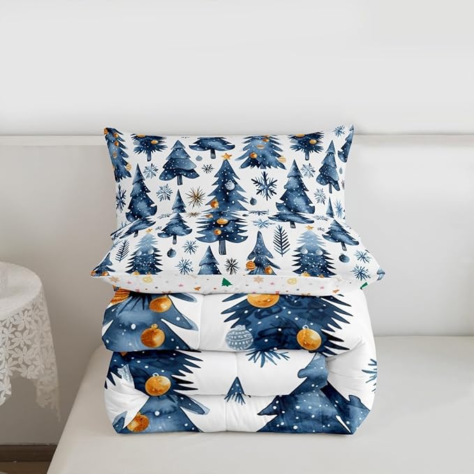 Feelyou Christmas Kids Comforter Set King Size Xmas Tree Bedding Set Snowflake Duvet Quilt for Kids Boys Girls Bedroom Watercolor Blue Decor Microfiber Ultra Soft Breathable