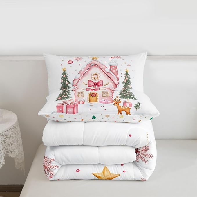Feelyou Gingerbread House Bedding Set Soft for Boys Girls, Christmas Tree Comforter Set King Size Reindeer Duvet Quilt Microfiber Snowflake Bedroom Decor Holiday Scene 3 Pcs with 2 Pillow Cases