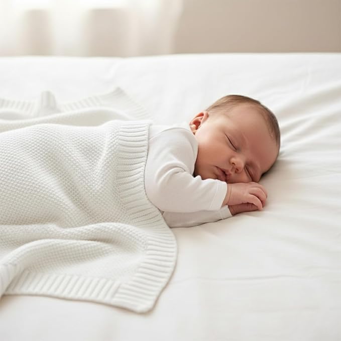 Baby Knit Blanket Soft Cotton Lightweight Newborn Blanket for Crib Stroller Toddler Nursery Shower Gift Cozy Breathable Travel Swaddle Wrap White 30 x 40 Inches