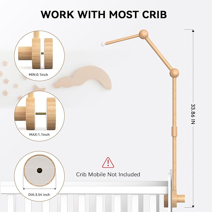 FEISIKE Crib Mobile Arm, Natural Beech Wooden Mobile Arm for Crib, Baby Mobile Hanger for Girls Boys Baby Nursery Decor 33.86 inch